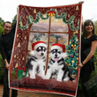 Twin Siberian Husky Dog On The Window Christmas Design Fleece Sherpa Throw Blanket