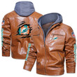 Men's Miamidolphins Leather Jacket With Hood, Skull Motorcycle Miamidolphins Black/Brown Leather Jacket Gift Ideas For Fan