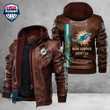 Since 1965 Men's Miamidolphins Leather Jacket With Hood, It's Miamidolphins Fan Black/Brown Leather Jacket Gift Ideas For Fan.