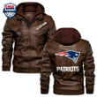 Personalized of Men's New England New-England-Patriots Leather Jacket With Hood, Custom Name Patriots Fan Black/Brown Leather Jacket Gift Ideas For Fan