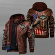 Veteran Men's New-York-Jets Leather Jacket With Hood, New-York-Jets Black/Brown Leather Jacket Gift Ideas For Fan