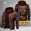 Personalized Men's Baltimore Baltimore-Ravens Ravens Leather Jacket With Hood, Since 1996 Black/Brown Leather Jacket Gift Ideas For Fan