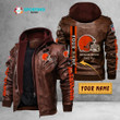 Personalized Men's Cleveland-Browns Leather Jacket With Hood, Custom Name Since 1944 Black/Brown Leather Jacket Gift Ideas For Fan