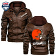 Personalized Men's Cleveland-Browns Leather Jacket With Hood, Custom Name Fan Black/Brown Leather Jacket Gift Ideas For Fan