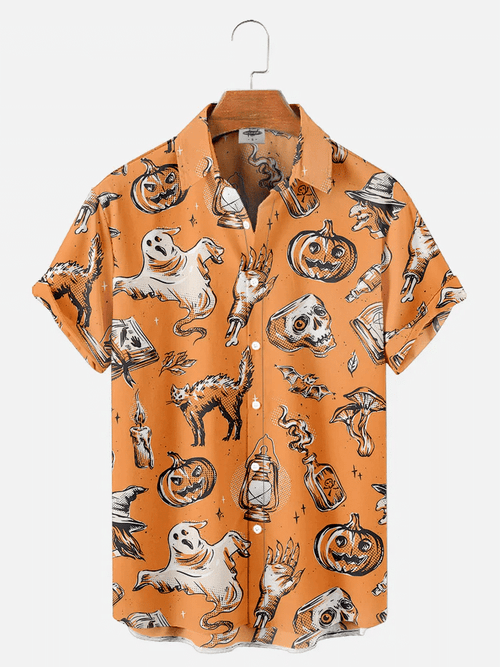 Pumpkin And Ghost With Cat Orange Halloween Hawaii Hawaiian Shirt