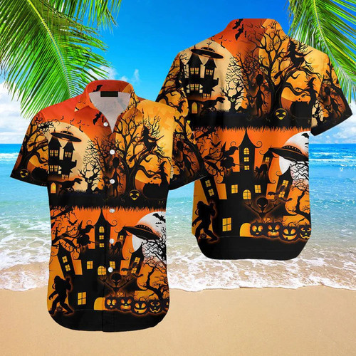 Haunted House With Pumpkin And Cat Halloween Hawaii Hawaiian Shirt