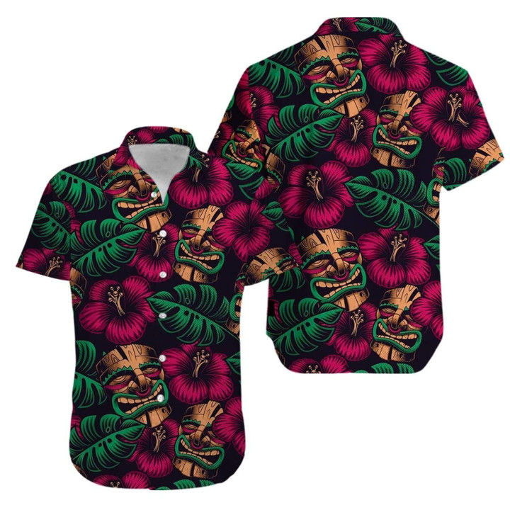 Aku Aku Mascaras Tiki Mask Tropical Flower Hawaii Hawaiian Shirt
