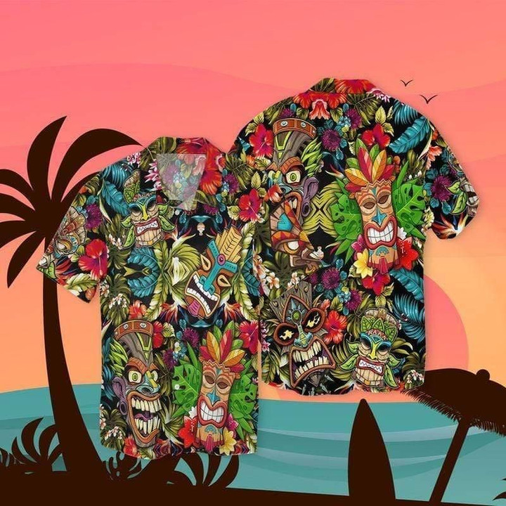 Tiki Tiki Colorful Art Tropical Plant Hawaii Hawaiian Shirt