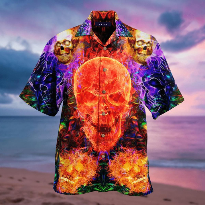 Dark Flame Skull On Fire Colorful Hawaii Hawaiian Shirt