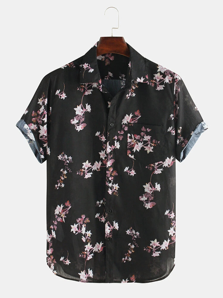 Black Background With Scattered Cherry Blossom Branches Sleeve Shirt
