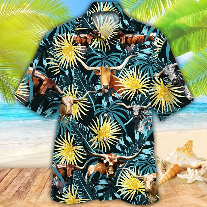 TX Longhorn Cattle Lovers Corn Pattern Hawaii Hawaiian Shirt
