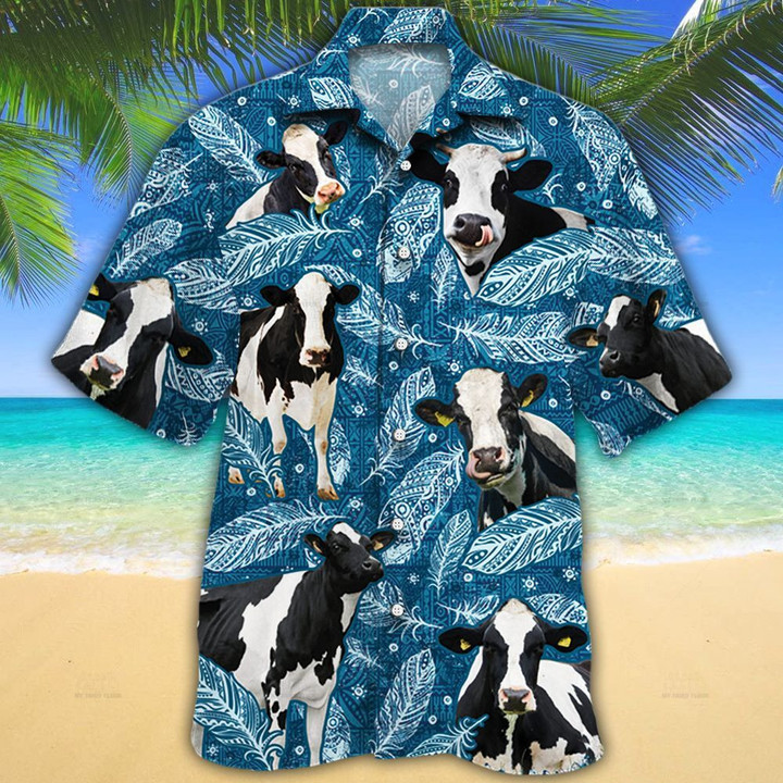 Holstein Friesian Cattle Lovers Blue Feather Hawaii Hawaiian Shirt