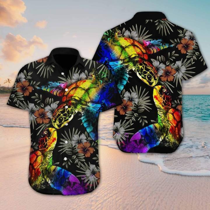 Flowers And Leaf Pattern With Colorful Couple Turtle Kissing For LGBT Community Pride Month Hawaii Hawaiian Shirt