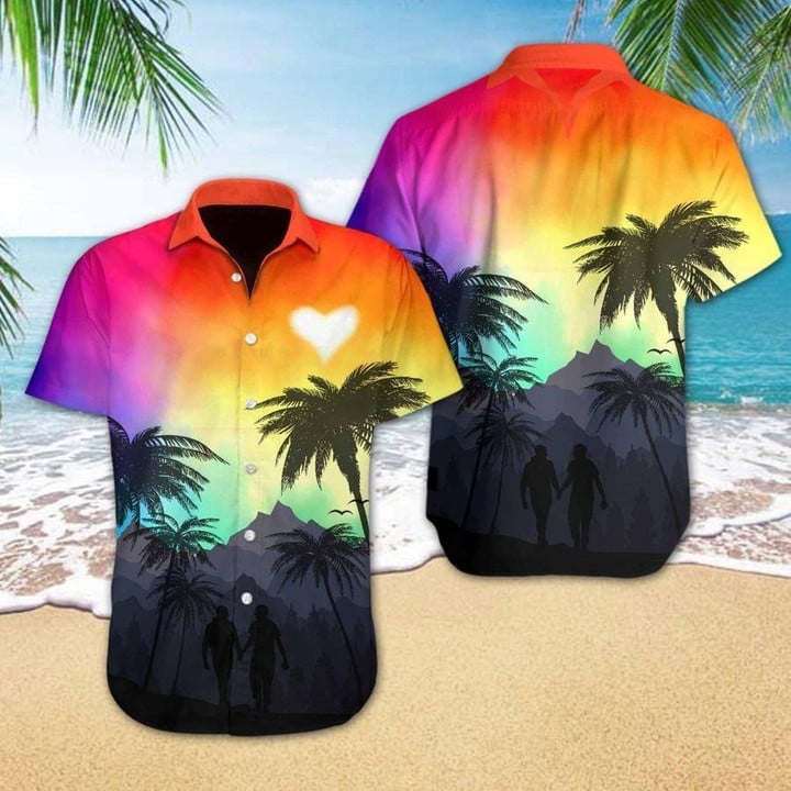 Sunset Heart With A Couple Hand In Hand Walking On Mountain For LGBT Community Pride Month Hawaii Hawaiian Shirt