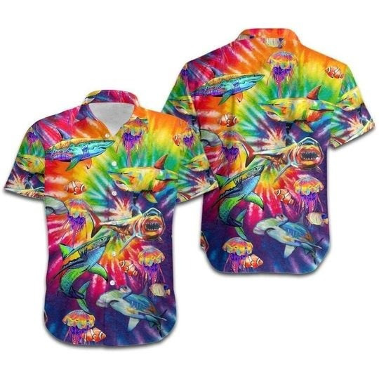 Colorful Tie Die With Shark Family Swimming For LGBT Community Pride Month Hawaii Hawaiian Shirt