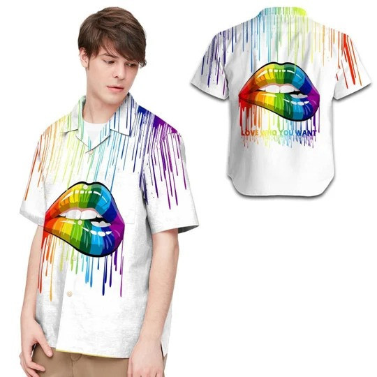Watercolor Melt On White Background With Big Sexy Lips Love Who You Want For LGBT Community Pride Month Hawaii Hawaiian Shirt
