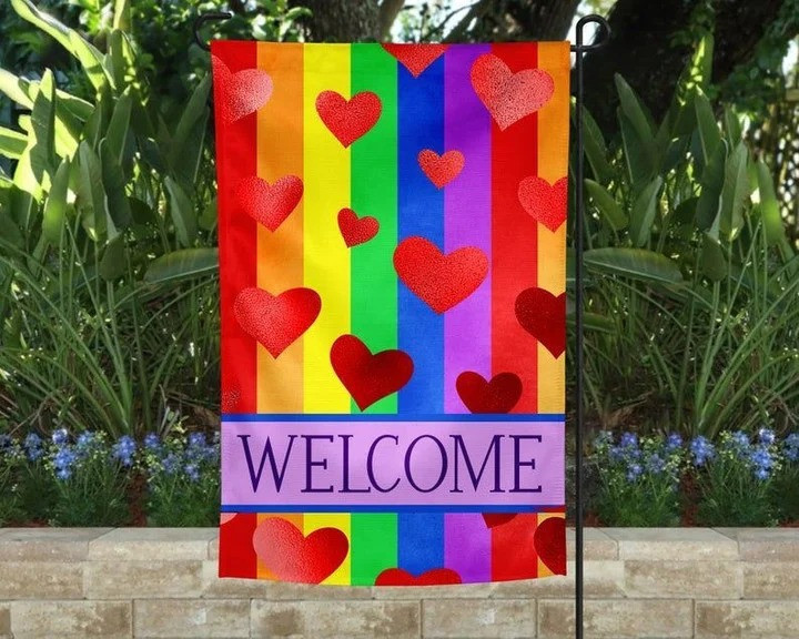 Lovely Red Heart Welcome LGBT Pride Month House Garden Decor Flag
