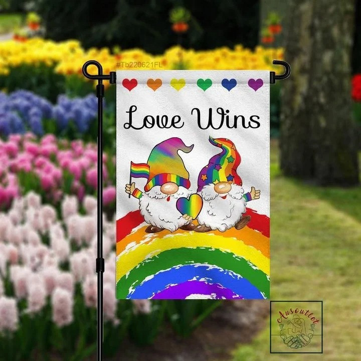 Lovely Gnomes On Rainbow Love Wins LGBT Pride Month House Garden Decor Flag