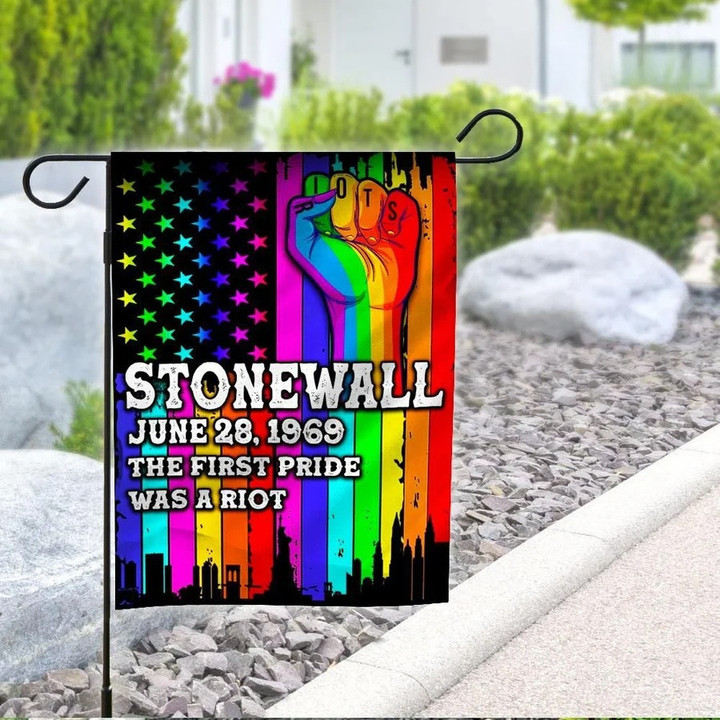 Colorful Hand Holding On America Flag Stonewall The First Pride Was A Riot LGBT Pride Month House Garden Decor Flag