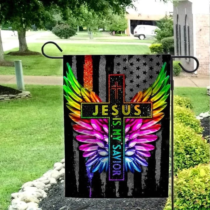 Colorful Wings With Bling Cross Jesus Is My Savior LGBT Pride Month House Garden Decor Flag