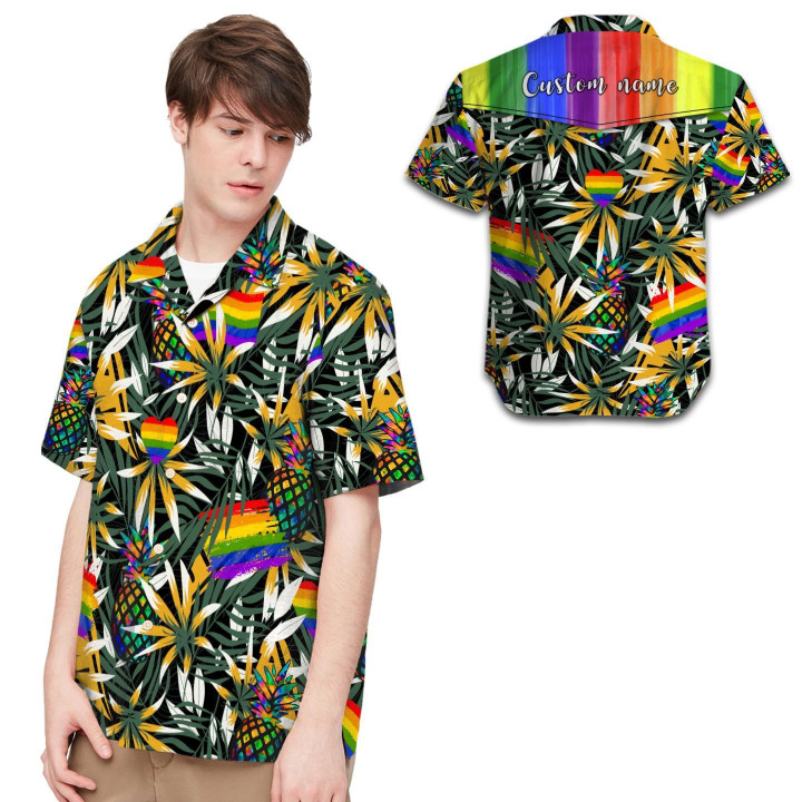 Personalized Pineapples With Flag And Tropical Leaves Rainbow LGBT Community Pride Month Custom Name Hawaii Hawaiian Shirt