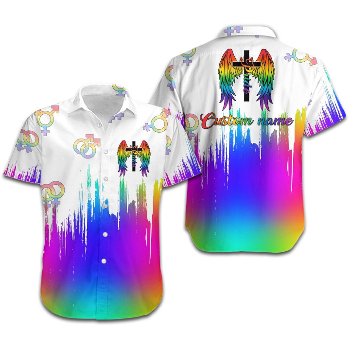 Personalized Pride Angel Wings Cross LGBT Community Pride Month Custom Name Hawaii Hawaiian Shirt
