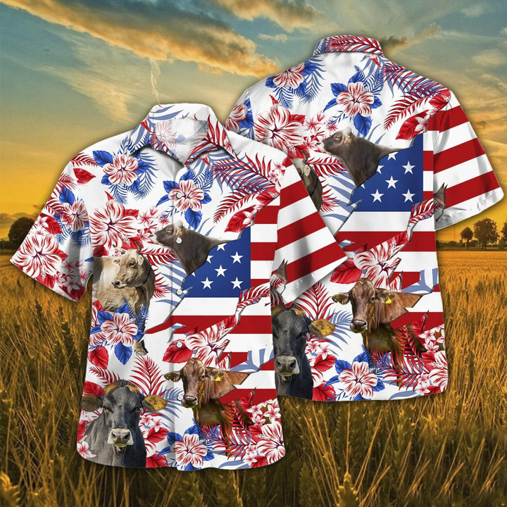Independence Day Brown Swiss Cattle Lovers American Flag Tropical Plant Hawaii Hawaiian Shirt