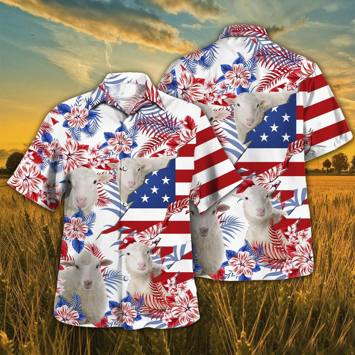Independence Day Sheep Lovers American Flag Tropical Plant Hawaii Hawaiian Shirt