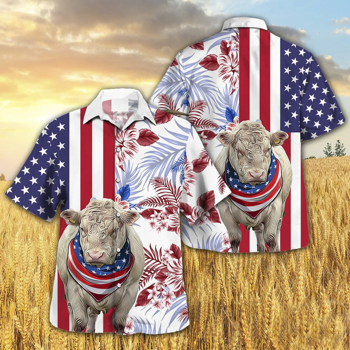 Independence Day Shorthorn Cattle Art American Flag Tropical Plant Hawaii Hawaiian Shirt