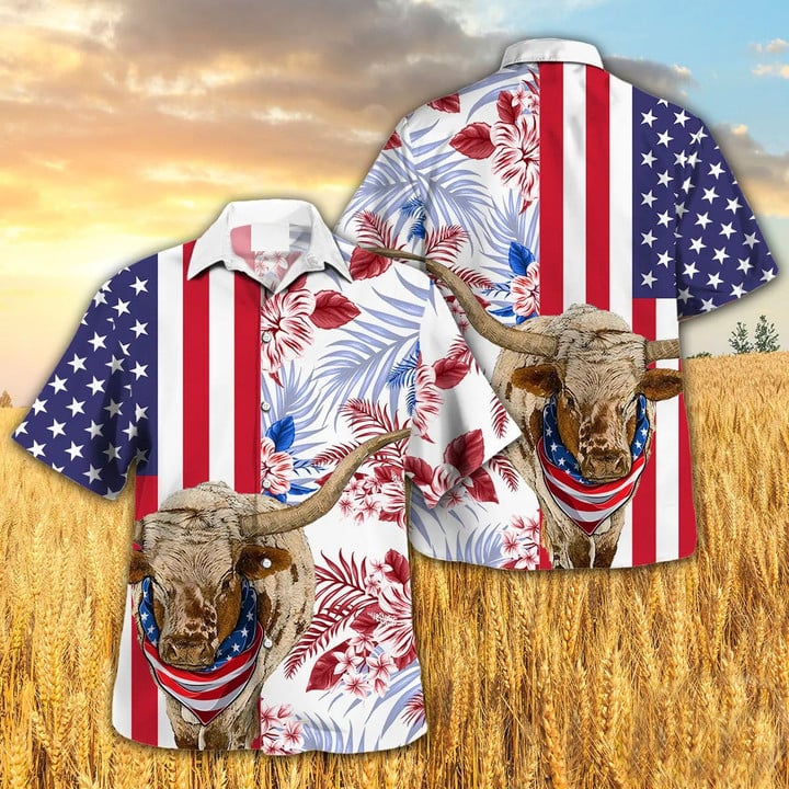 Independence Day TX-Longhorn Cattle Art With American Flag Tropical Plant Hawaii Hawaiian Shirt