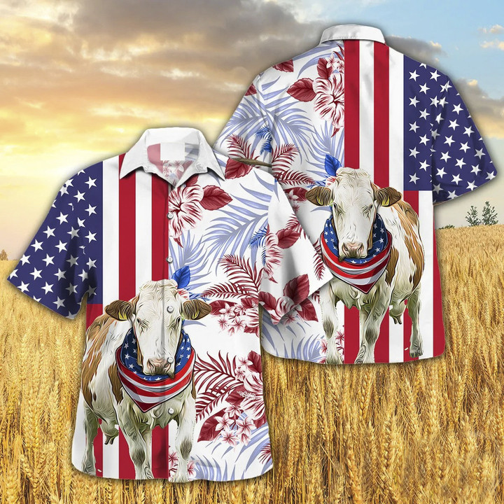 Independence Day Fleckvieh Cattle Art With American Flag Tropical Plant Hawaii Hawaiian Shirt