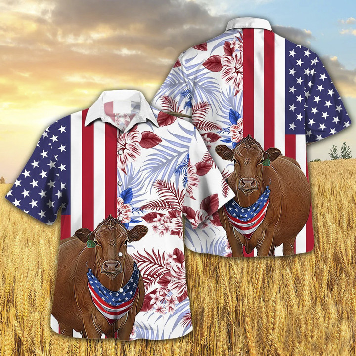 Independence Day Gelbvieh Cattle Art With American Flag Tropical Plant Hawaii Hawaiian Shirt