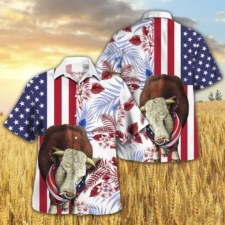 Independence Day Hereford Cattle Art With American Flag Tropical Plant Hawaii Hawaiian Shirt