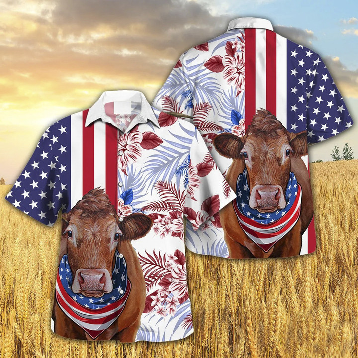 Independence Day Limousin Cattle Art With American Flag Tropical Plant Hawaii Hawaiian Shirt