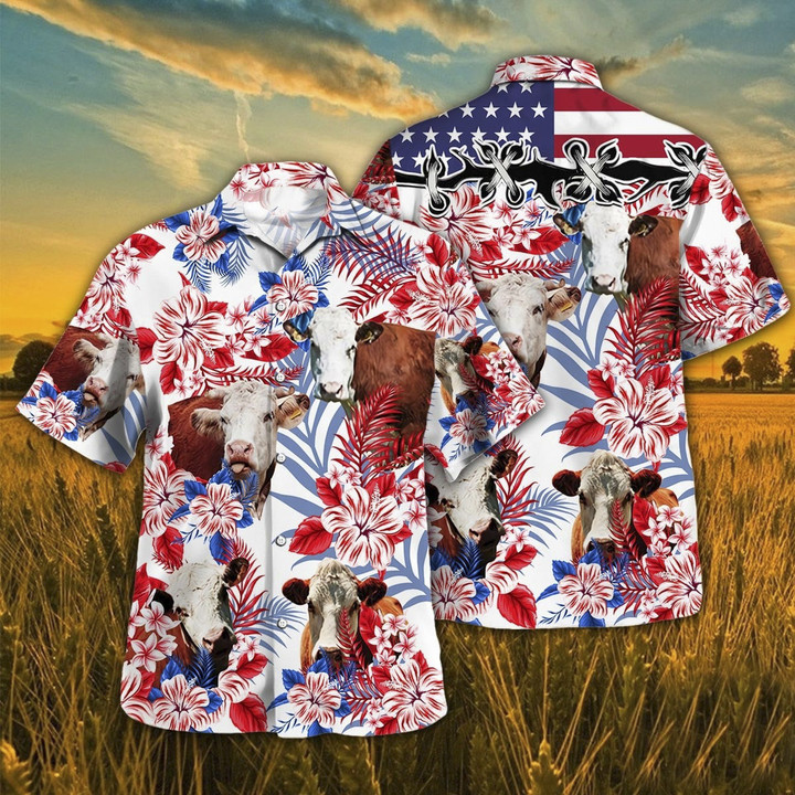 Independence Day Hereford Cattle With American Flag Tropical Plant Pattern Hawaii Hawaiian Shirt