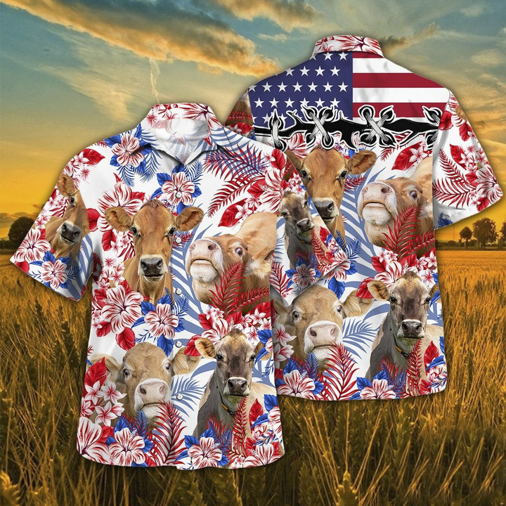 Independence Day Jersey Cattle With American Flag Tropical Plant Pattern Hawaii Hawaiian Shirt