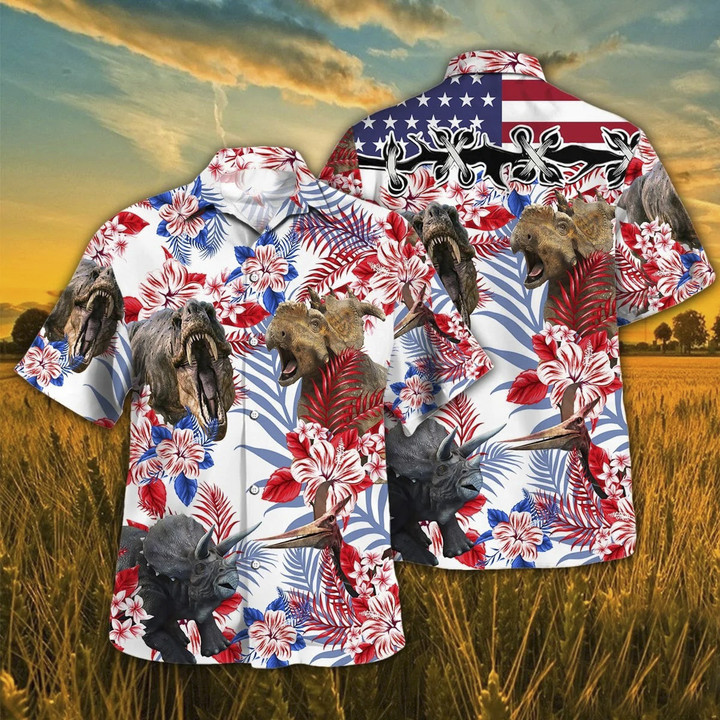 Independence Day Dinosaur With American Flag Tropical Plant Pattern Hawaii Hawaiian Shirt