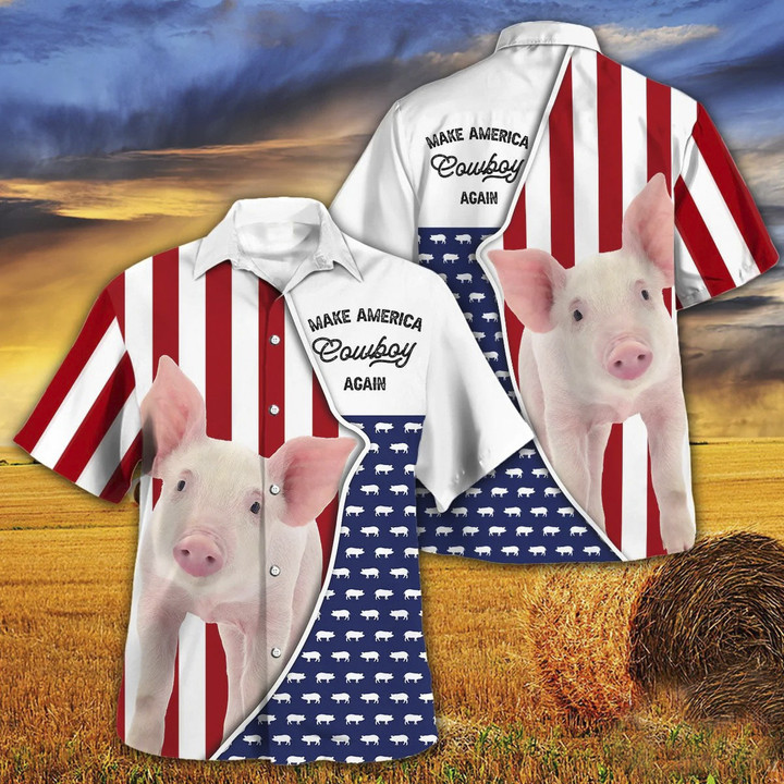 Independence Day Pig Make America Cowboy Again With American Flag Pattern Hawaii Hawaiian Shirt