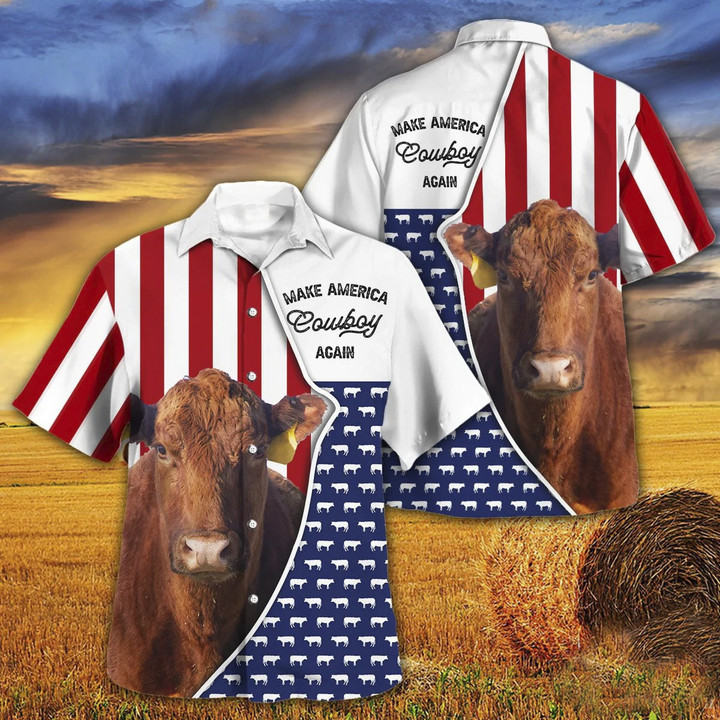 Independence Day Red Angus Cattle Make America Cowboy Again With American Flag Pattern Hawaii Hawaiian Shirt