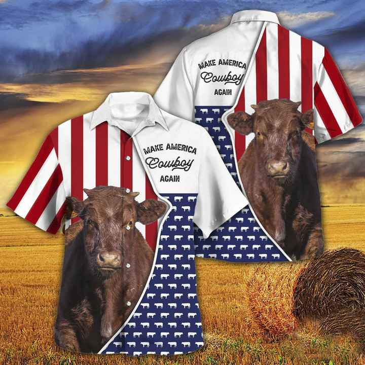 Independence Day Shorthorn Cattle Make America Cowboy Again With American Flag Pattern Hawaii Hawaiian Shirt