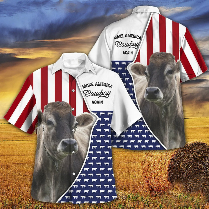 Independence Day Brown Swiss Cattle Make America Cowboy Again With American Flag Pattern Hawaii Hawaiian Shirt
