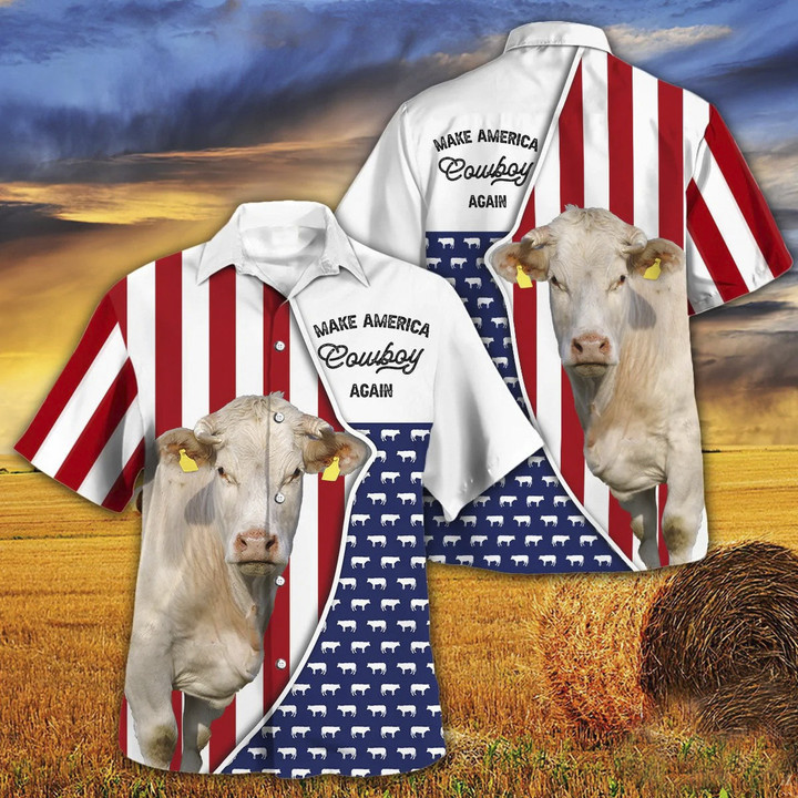 Independence Day Charolais Cattle Make America Cowboy Again With American Flag Pattern Hawaii Hawaiian Shirt