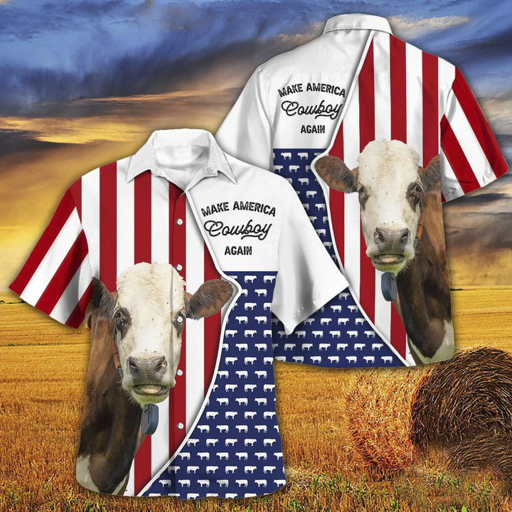 Independence Day Fleckvieh Cattle Make America Cowboy Again With American Flag Pattern Hawaii Hawaiian Shirt