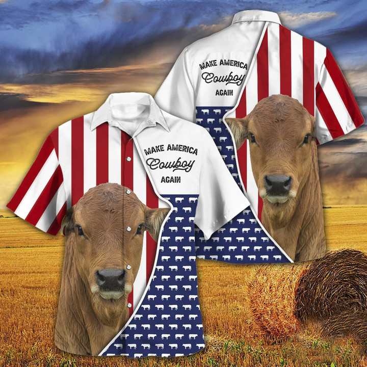 Independence Day Gelbvieh Cattle Make America Cowboy Again With American Flag Pattern Hawaii Hawaiian Shirt