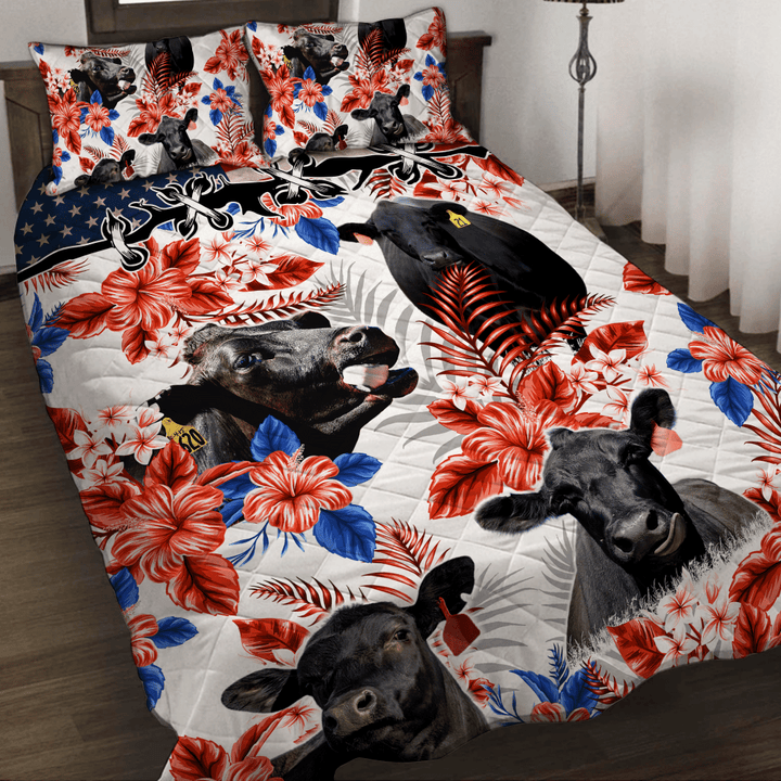 Black Angus Cattle With American Flag Tropical Plant Independence Day Quilt Bed Set