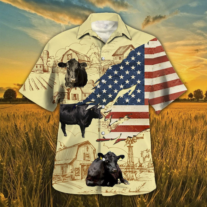 Black Angus Cattle Farm Life With American Flag Independence Day Hawaii Hawaiian Shirt