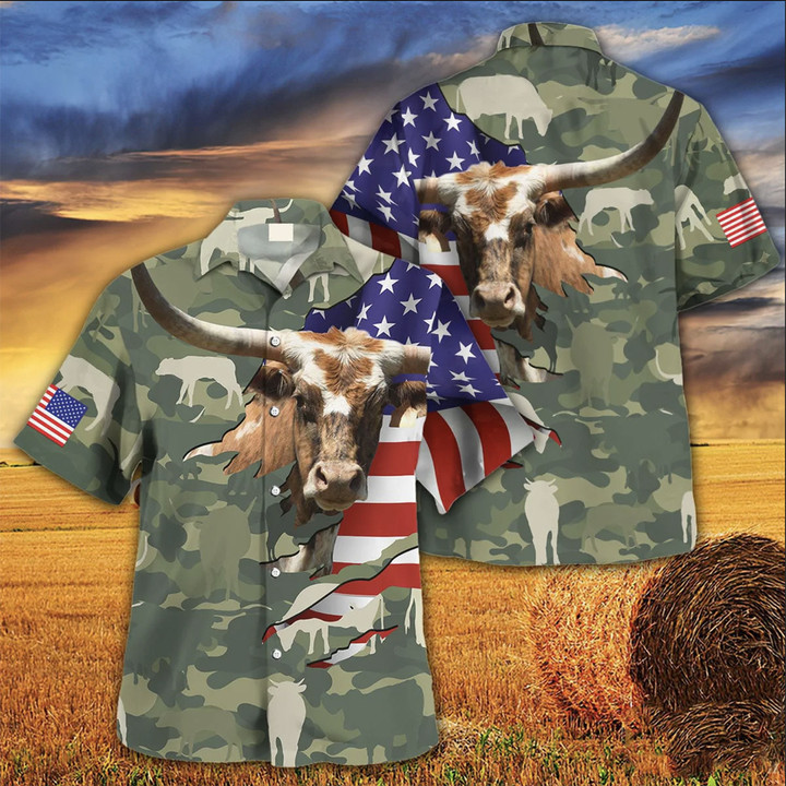 White And Brown Longhorn With America Flag Camo Hawaii Hawaiian Shirt