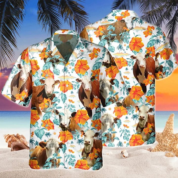 White And Brown Hereford With Orange Hibiscus Hawaii Hawaiian Shirt