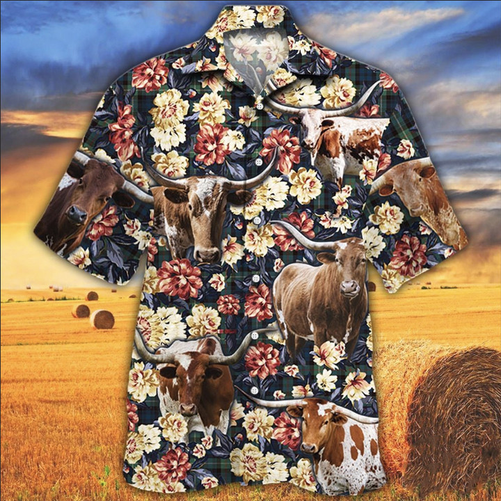 Brown Longhorn With Yellow And Red Floral Hawaii Hawaiian Shirt