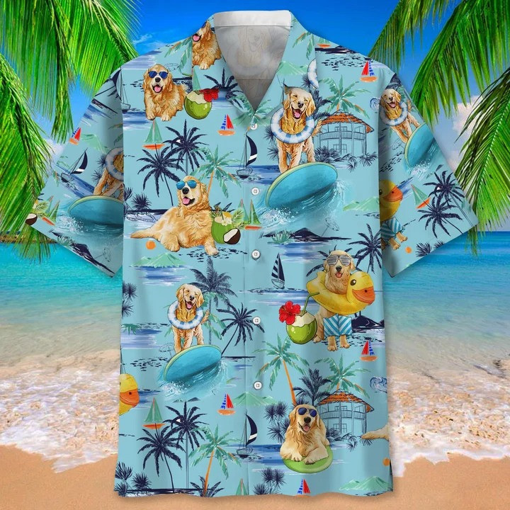 Funny Yellow Golden Retriever On Beach Hawaii Hawaiian Shirt